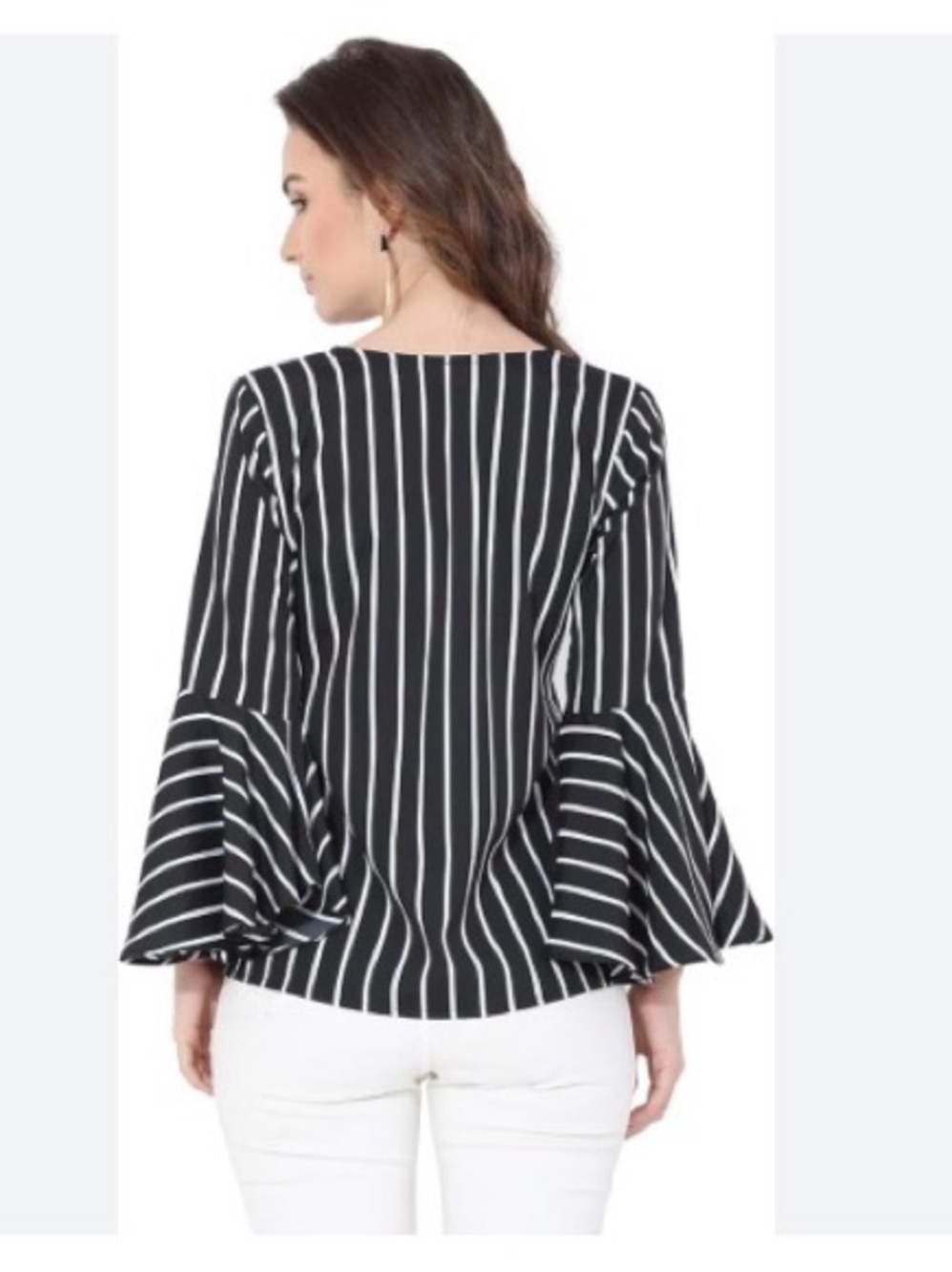 BOLD Elements XL Black White Striped Blouse Ruffle Sleeve Stretch Top - Picture 2 of 10